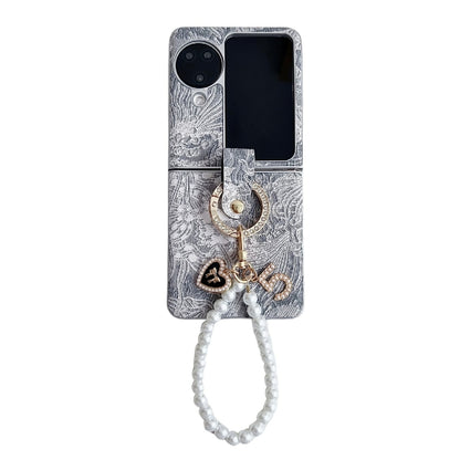 For OPPO Find N3 Flip Embroidery Style Full Coverage Phone Case with Ring Bead Chain(Grey) - Find N3 Flip Cases by PMC Jewellery | Online Shopping South Africa | PMC Jewellery | Buy Now Pay Later Mobicred