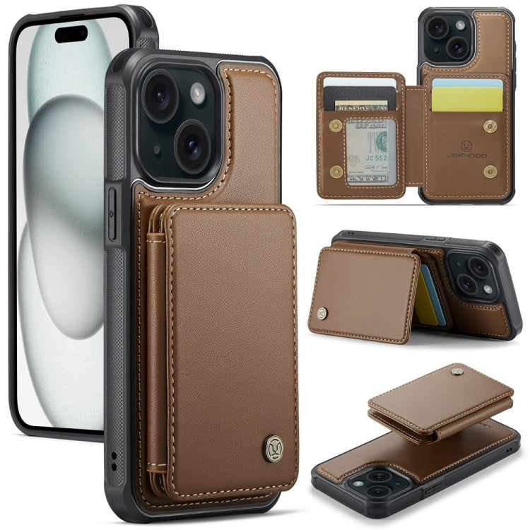 For iPhone 15 JEEHOOD J05 Business Magnetic Style RFID Leather Phone Case(Brown) - iPhone 15 Cases by JEEHOOD | Online Shopping South Africa | PMC Jewellery | Buy Now Pay Later Mobicred