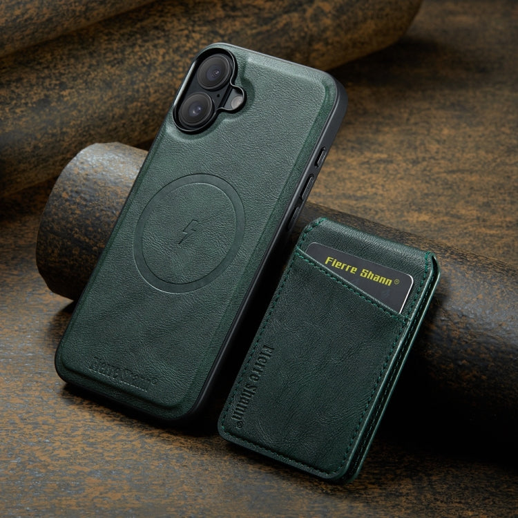 For iPhone 16 Plus Fierre Shann Oil Wax Cow Leather Magnetic Card Holder Phone Case(Green) - iPhone 16 Plus Cases by FIERRE SHANN | Online Shopping South Africa | PMC Jewellery | Buy Now Pay Later Mobicred