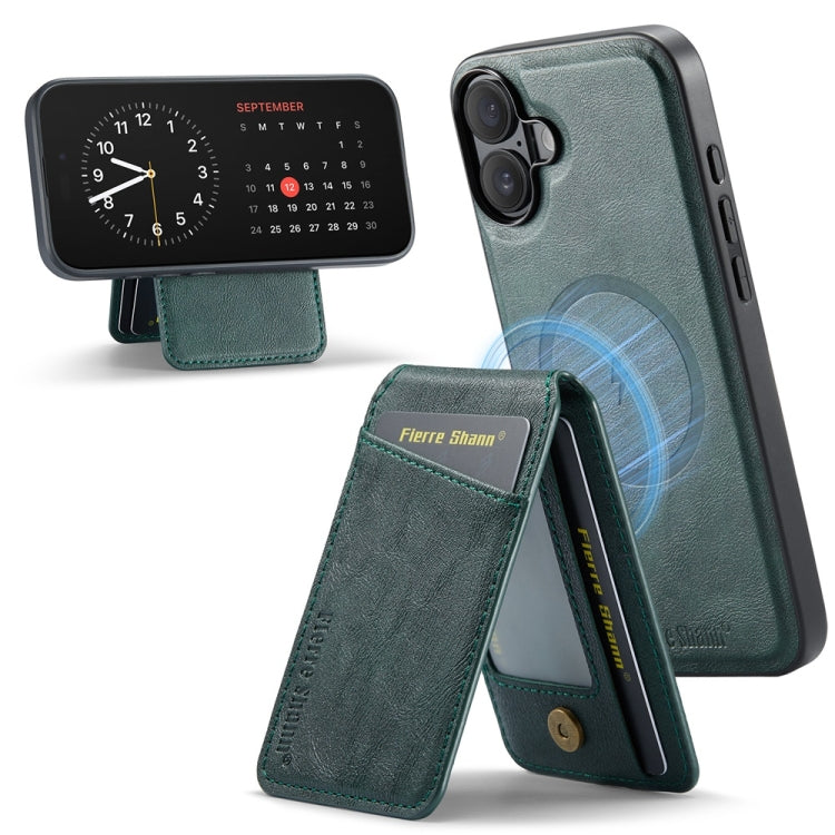 For iPhone 16 Fierre Shann Oil Wax Cow Leather Magnetic Card Holder Phone Case(Green) - iPhone 16 Cases by FIERRE SHANN | Online Shopping South Africa | PMC Jewellery | Buy Now Pay Later Mobicred