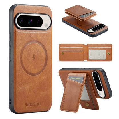 For Google Pixel 9 Pro Fierre Shann Oil Wax Cow Leather Magnetic Card Holder Phone Case(Brown) - Google Cases by FIERRE SHANN | Online Shopping South Africa | PMC Jewellery | Buy Now Pay Later Mobicred