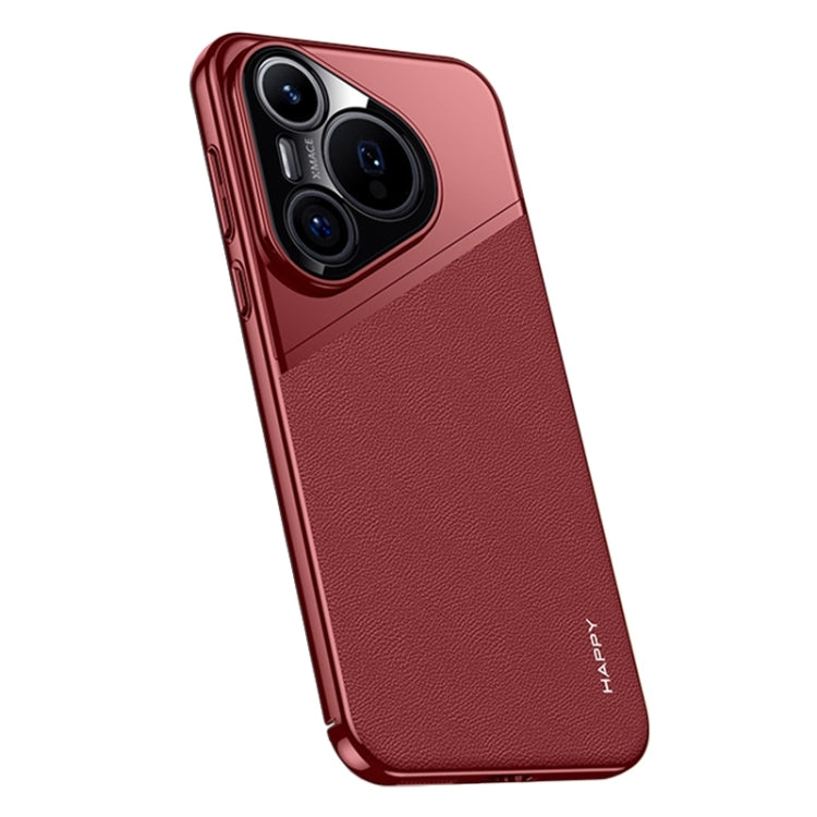 For Huawei Pura 70 Plain Leather Electroplated PC Frame Phone Case(Wine Red) - Huawei Cases by PMC Jewellery | Online Shopping South Africa | PMC Jewellery | Buy Now Pay Later Mobicred