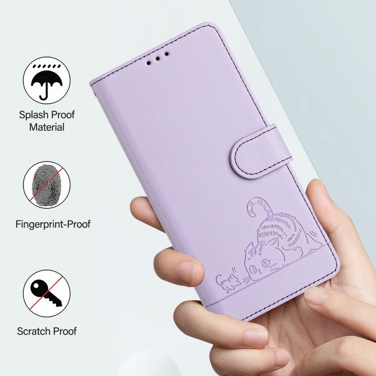 For Google Pixel 9 Pro XL Cat Rat Embossed Pattern RFID Leather Phone Case with Lanyard(Purple) - Google Cases by PMC TechLife | Online Shopping South Africa | PMC TechLife | Buy Now Pay Later Mobicred