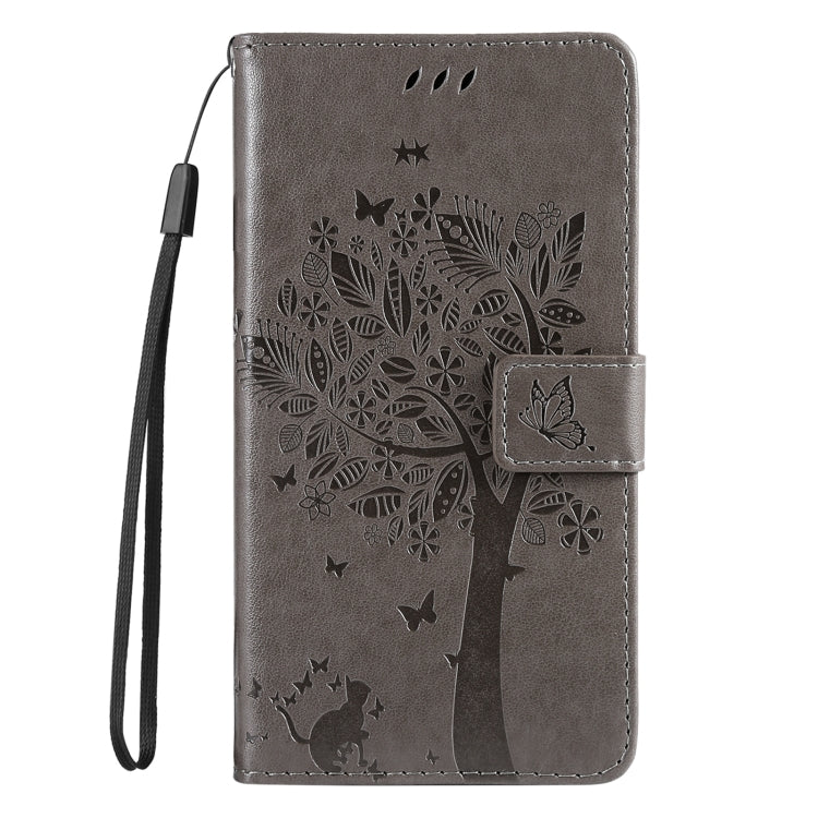 For iPhone SE 2024 Tree & Cat Embossed Pattern Flip Leather Phone Case(Grey) - More iPhone Cases by PMC Jewellery | Online Shopping South Africa | PMC Jewellery | Buy Now Pay Later Mobicred