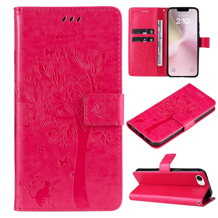 For iPhone SE 2024 Tree & Cat Embossed Pattern Flip Leather Phone Case(Rose Red) - More iPhone Cases by PMC Jewellery | Online Shopping South Africa | PMC Jewellery | Buy Now Pay Later Mobicred