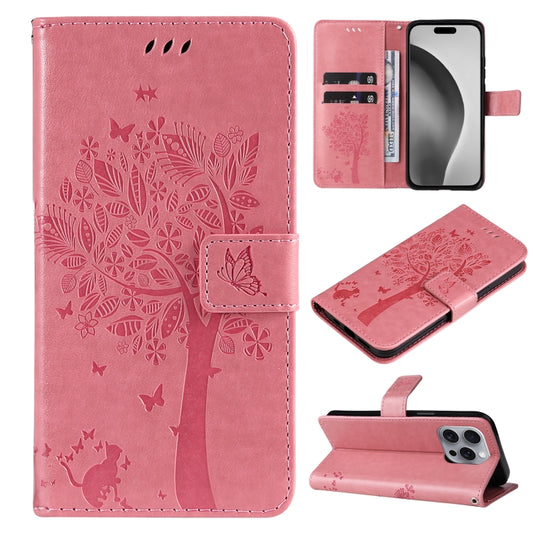 For iPhone 16 Pro Max Tree & Cat Embossed Pattern Flip Leather Phone Case(Pink) - iPhone 16 Pro Max Cases by PMC Jewellery | Online Shopping South Africa | PMC Jewellery | Buy Now Pay Later Mobicred