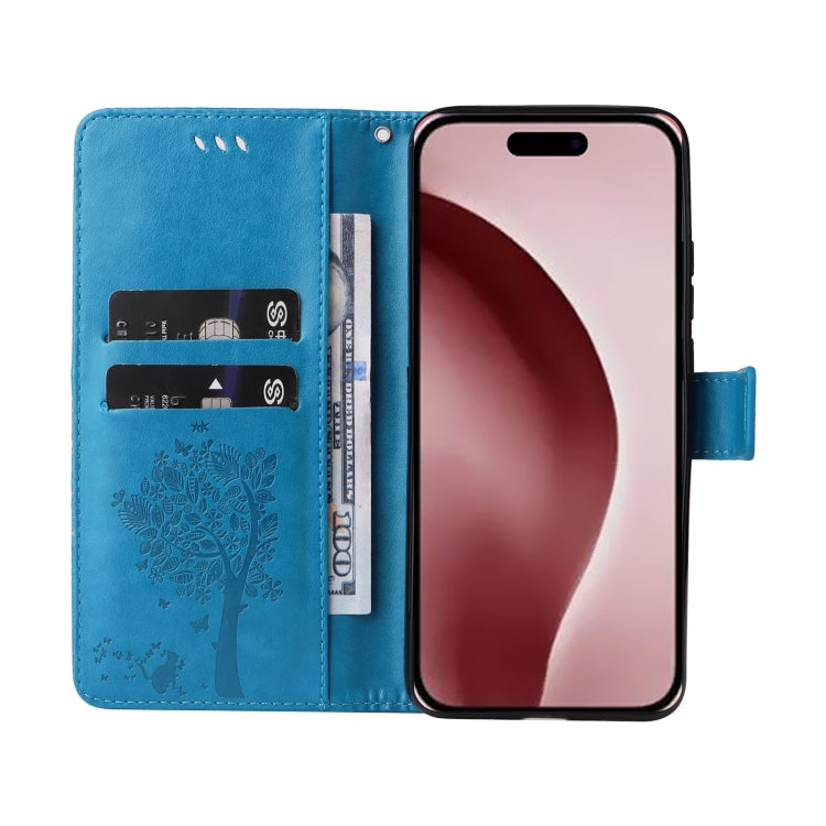 For iPhone 16 Pro Tree & Cat Embossed Pattern Flip Leather Phone Case(Blue) - iPhone 16 Pro Cases by PMC TechLife | Online Shopping South Africa | PMC TechLife | Buy Now Pay Later Mobicred