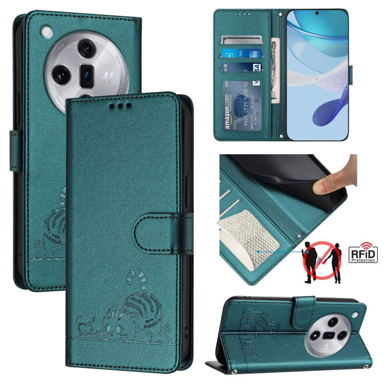For OPPO Find X7 Cat Rat Embossed Pattern RFID Leather Phone Case with Lanyard(Peacock Green) - Find X7 Cases by PMC Jewellery | Online Shopping South Africa | PMC Jewellery | Buy Now Pay Later Mobicred
