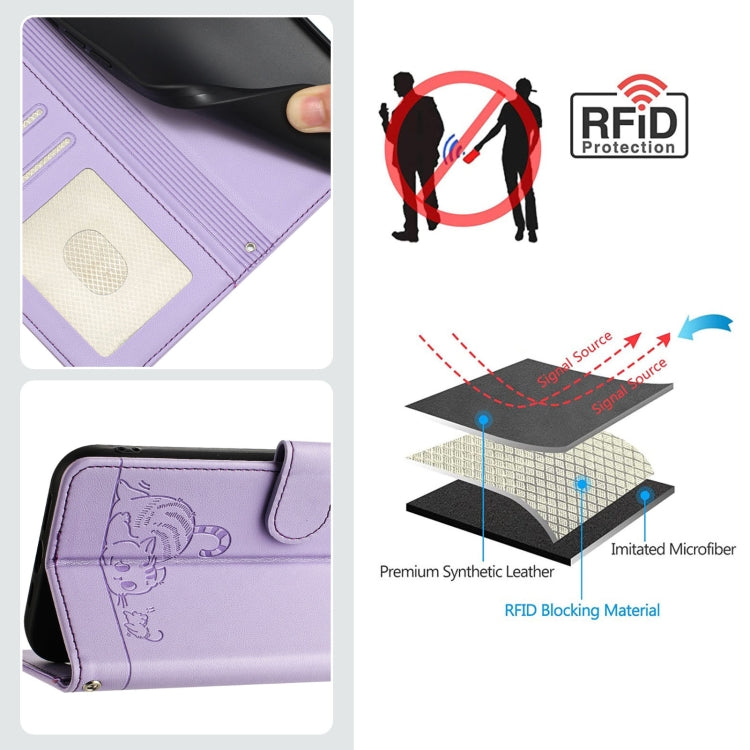 For OPPO Find X7 Ultra Cat Rat Embossed Pattern RFID Leather Phone Case with Lanyard(Purple) - Find X7 Ultra Cases by PMC Jewellery | Online Shopping South Africa | PMC Jewellery | Buy Now Pay Later Mobicred