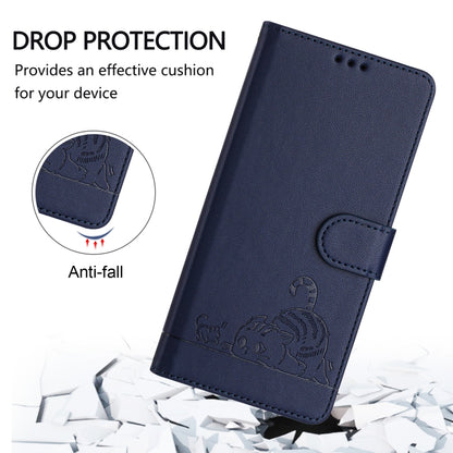 For OPPO Reno11 Pro 5G Global Cat Rat Embossed Pattern RFID Leather Phone Case with Lanyard(Blue) - Reno11 Pro Cases by PMC Jewellery | Online Shopping South Africa | PMC Jewellery | Buy Now Pay Later Mobicred