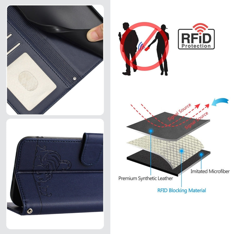 For OPPO Reno11 Pro 5G Global Cat Rat Embossed Pattern RFID Leather Phone Case with Lanyard(Blue) - Reno11 Pro Cases by PMC Jewellery | Online Shopping South Africa | PMC Jewellery | Buy Now Pay Later Mobicred