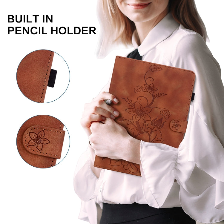 For Lenovo Tab K11 Plus Lily Embossed Leather Tablet Case(Brown) - Lenovo by PMC TechLife | Online Shopping South Africa | PMC TechLife | Buy Now Pay Later Mobicred