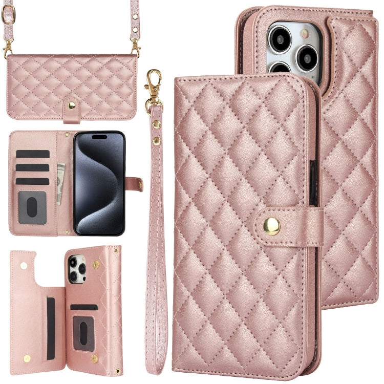 For iPhone 16 Pro Max Crossbody Multifunction Rhombic Leather Phone Case(Rose Gold) - iPhone 16 Pro Max Cases by PMC Jewellery | Online Shopping South Africa | PMC Jewellery | Buy Now Pay Later Mobicred