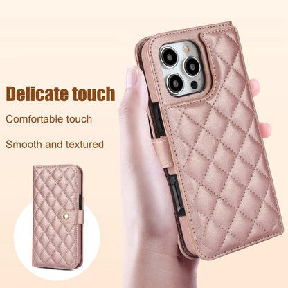 For iPhone 16 Pro Max Crossbody Multifunction Rhombic Leather Phone Case(Rose Gold) - iPhone 16 Pro Max Cases by PMC Jewellery | Online Shopping South Africa | PMC Jewellery | Buy Now Pay Later Mobicred