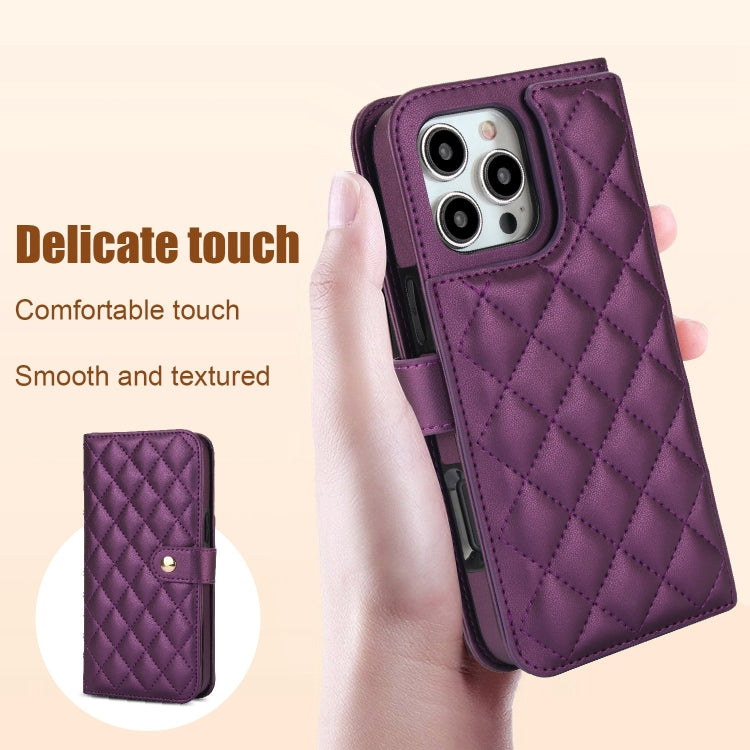 For iPhone 16 Pro Crossbody Multifunction Rhombic Leather Phone Case(Dark Purple) - More iPhone Cases by PMC Jewellery | Online Shopping South Africa | PMC Jewellery | Buy Now Pay Later Mobicred