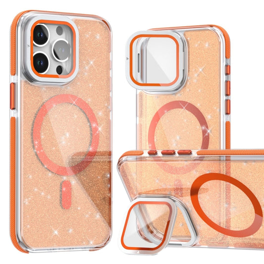 For iPhone 16 Pro Two-color Glitter Powder Lens Holder Magsafe Phone Case(Orange) - iPhone 16 Pro Cases by PMC Jewellery | Online Shopping South Africa | PMC Jewellery | Buy Now Pay Later Mobicred