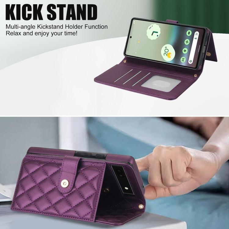 For Google Pixel 6a Crossbody Multifunction Rhombic Leather Phone Case(Dark Purple) - Google Cases by PMC TechLife | Online Shopping South Africa | PMC TechLife | Buy Now Pay Later Mobicred