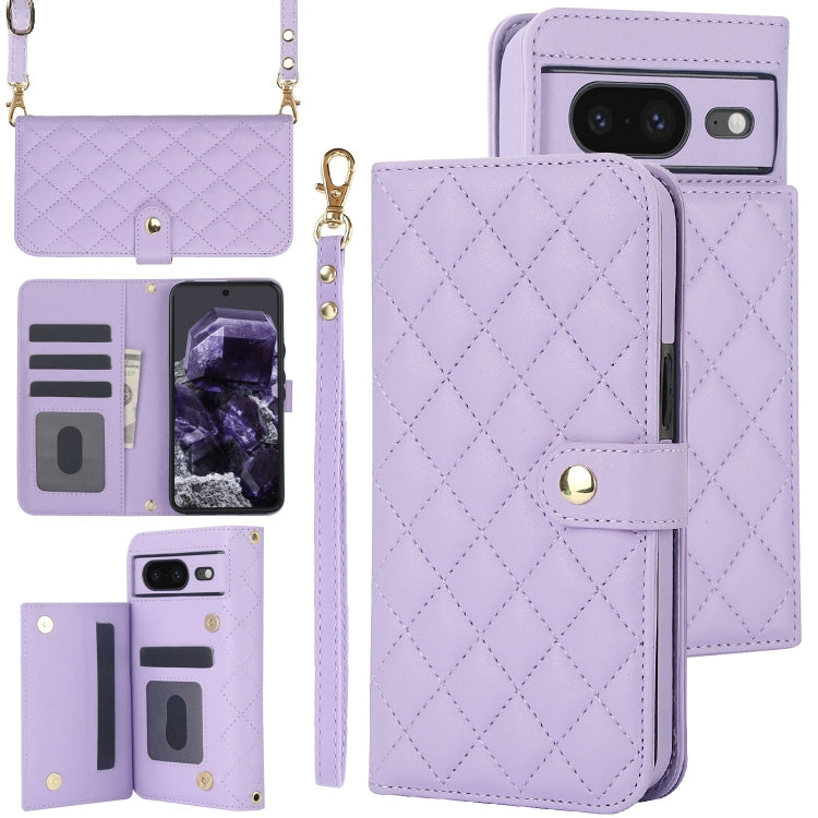 For Google Pixel 8a Crossbody Multifunction Rhombic Leather Phone Case(Purple) - Google Cases by PMC TechLife | Online Shopping South Africa | PMC TechLife | Buy Now Pay Later Mobicred