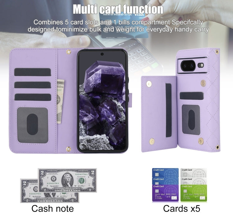 For Google Pixel 8a Crossbody Multifunction Rhombic Leather Phone Case(Purple) - Google Cases by PMC TechLife | Online Shopping South Africa | PMC TechLife | Buy Now Pay Later Mobicred