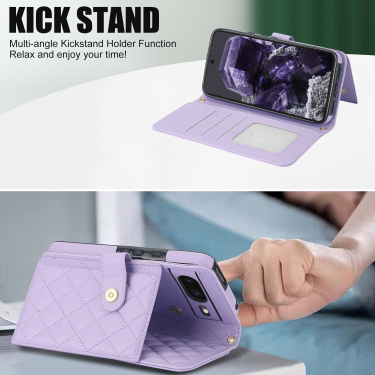 For Google Pixel 8a Crossbody Multifunction Rhombic Leather Phone Case(Purple) - Google Cases by PMC TechLife | Online Shopping South Africa | PMC TechLife | Buy Now Pay Later Mobicred