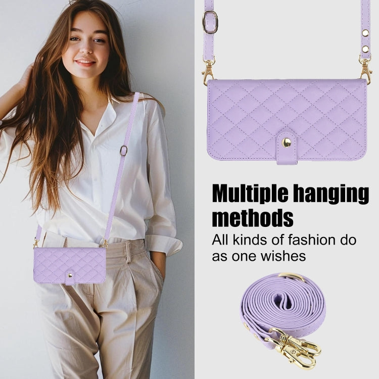 For Google Pixel 8a Crossbody Multifunction Rhombic Leather Phone Case(Purple) - Google Cases by PMC TechLife | Online Shopping South Africa | PMC TechLife | Buy Now Pay Later Mobicred