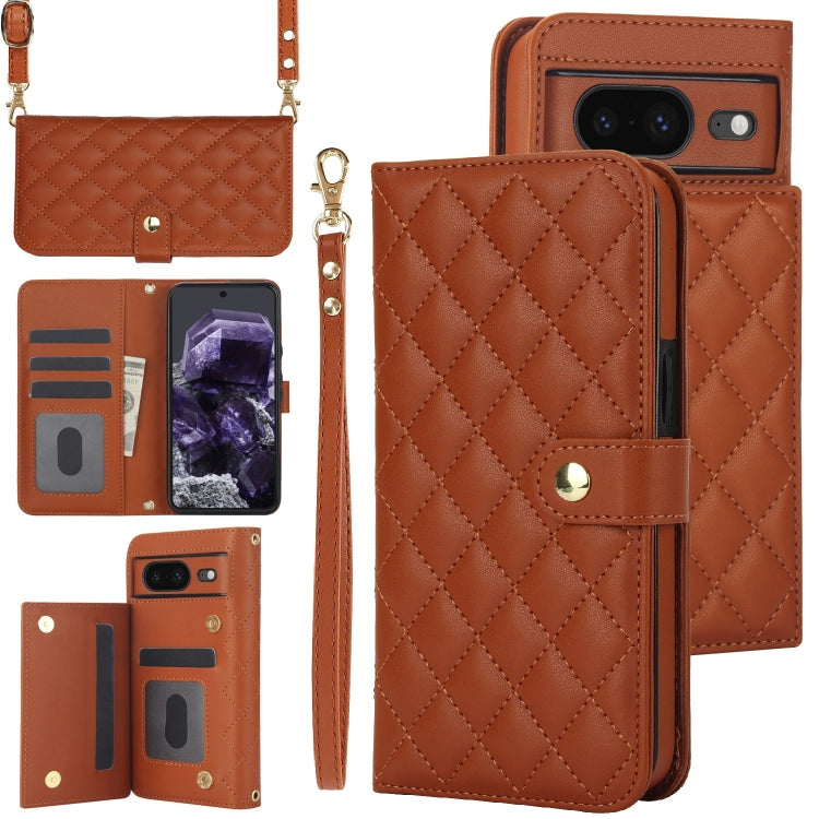 For Google Pixel 8a Crossbody Multifunction Rhombic Leather Phone Case(Brown) - Google Cases by PMC TechLife | Online Shopping South Africa | PMC TechLife | Buy Now Pay Later Mobicred