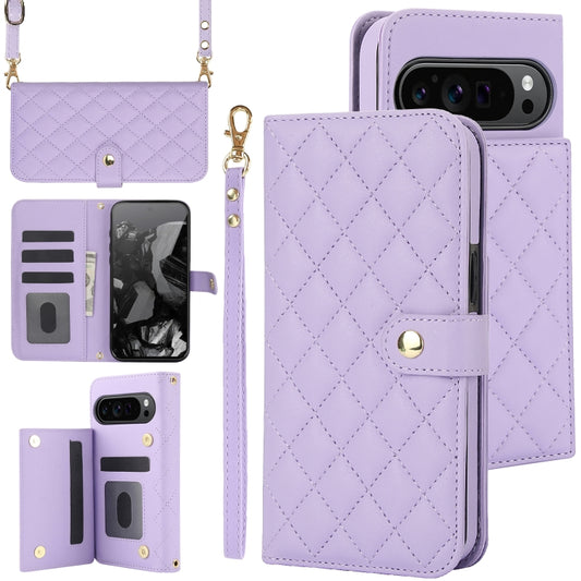 For Google Pixel 9 Crossbody Multifunction Rhombic Leather Phone Case(Purple) - Google Cases by PMC Jewellery | Online Shopping South Africa | PMC Jewellery | Buy Now Pay Later Mobicred