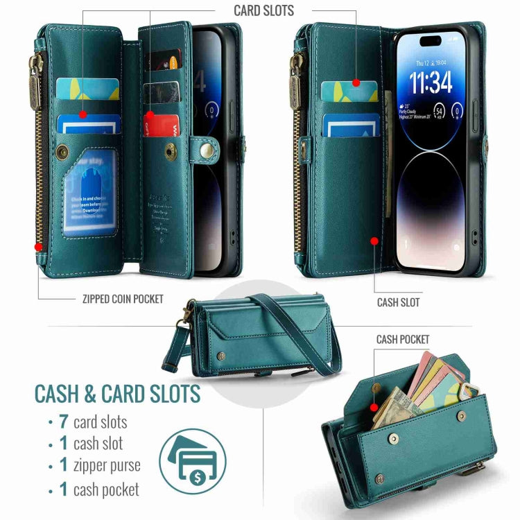 For iPhone 14 Pro Max CaseMe C36 Card Slots Zipper Wallet RFID Anti-theft Leather Phone Case(Blue-green) - iPhone 14 Pro Max Cases by CaseMe | Online Shopping South Africa | PMC Jewellery | Buy Now Pay Later Mobicred