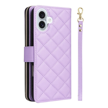 For iPhone 16 Plus Crossbody Rhombic Zipper Tower Buckle Leather Phone Case with Lanyard(Purple) - iPhone 16 Plus Cases by PMC Jewellery | Online Shopping South Africa | PMC Jewellery | Buy Now Pay Later Mobicred