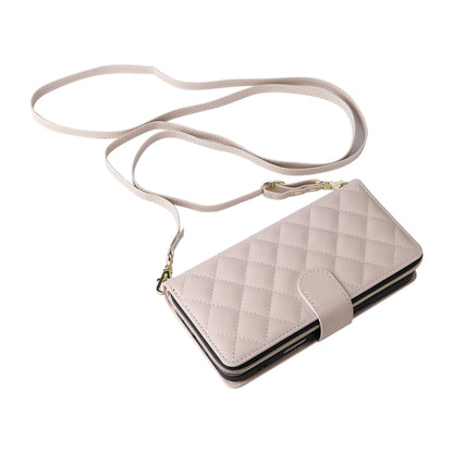 For iPhone 16 Plus Crossbody Rhombic Zipper Tower Buckle Leather Phone Case with Lanyard(Beige) - iPhone 16 Plus Cases by PMC Jewellery | Online Shopping South Africa | PMC Jewellery | Buy Now Pay Later Mobicred