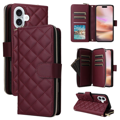 For iPhone 16 Plus Crossbody Rhombic Zipper Tower Buckle Leather Phone Case with Lanyard(Wine Red) - iPhone 16 Plus Cases by PMC Jewellery | Online Shopping South Africa | PMC Jewellery | Buy Now Pay Later Mobicred