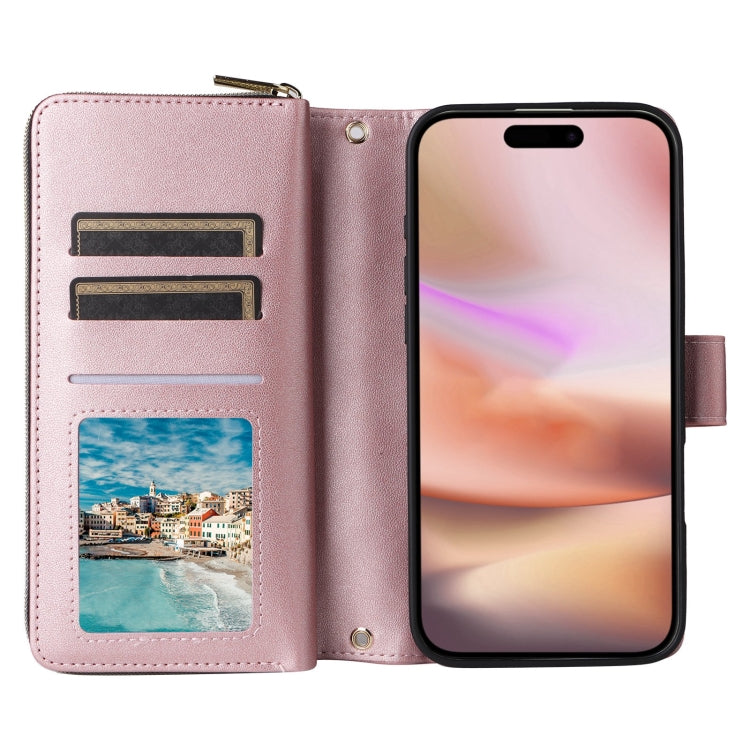 For iPhone 16 Plus Crossbody Rhombic Zipper Tower Buckle Leather Phone Case with Lanyard(Rose Gold) - iPhone 16 Plus Cases by PMC Jewellery | Online Shopping South Africa | PMC Jewellery | Buy Now Pay Later Mobicred