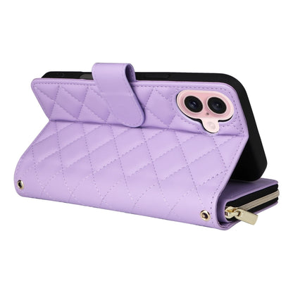 For iPhone 16 Crossbody Rhombic Zipper Tower Buckle Leather Phone Case with Lanyard(Purple) - iPhone 16 Cases by PMC Jewellery | Online Shopping South Africa | PMC Jewellery | Buy Now Pay Later Mobicred