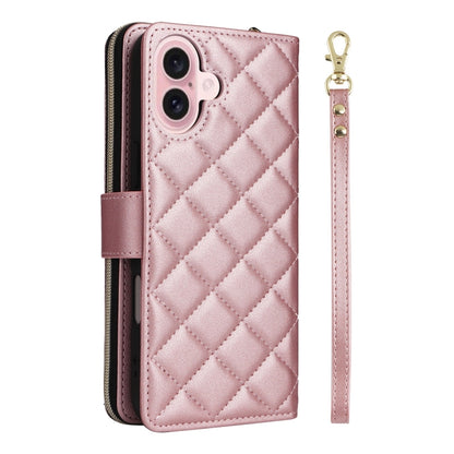 For iPhone 16 Crossbody Rhombic Zipper Tower Buckle Leather Phone Case with Lanyard(Rose Gold) - iPhone 16 Cases by PMC Jewellery | Online Shopping South Africa | PMC Jewellery | Buy Now Pay Later Mobicred