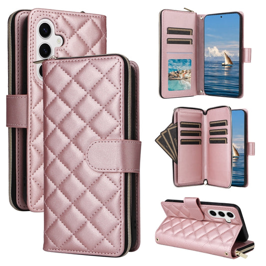 For Samsung Galaxy S24 5G Crossbody Rhombic Zipper Tower Buckle Leather Phone Case with Lanyard(Rose Gold) - Galaxy S24 5G Cases by PMC Jewellery | Online Shopping South Africa | PMC Jewellery | Buy Now Pay Later Mobicred