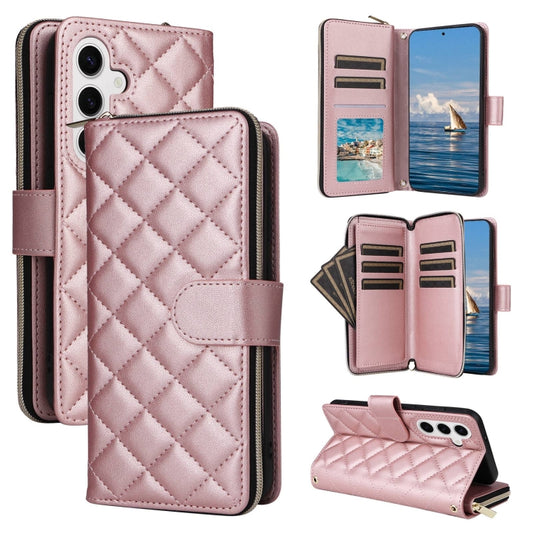 For Samsung Galaxy S25 5G Crossbody Rhombic Zipper Tower Buckle Leather Phone Case with Lanyard(Rose Gold) - Galaxy S25 5G Cases by PMC Jewellery | Online Shopping South Africa | PMC Jewellery | Buy Now Pay Later Mobicred