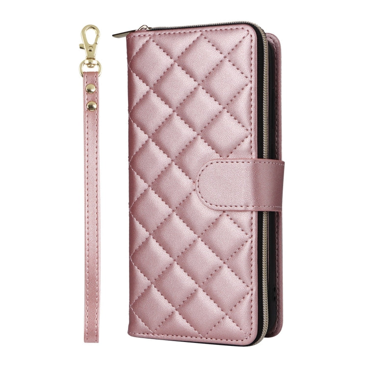 For Samsung Galaxy S25 5G Crossbody Rhombic Zipper Tower Buckle Leather Phone Case with Lanyard(Rose Gold) - Galaxy S25 5G Cases by PMC Jewellery | Online Shopping South Africa | PMC Jewellery | Buy Now Pay Later Mobicred