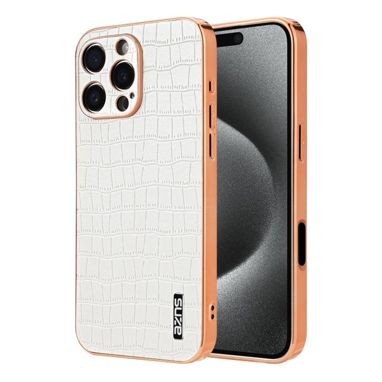 For iPhone 16 Pro Max AZNS Electroplated Frame Crocodile Texture Full Coverage Phone Case(White) - free shipping - PMC Jewellery - Order now!