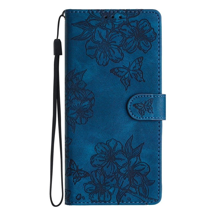 For iPhone 16 Cherry Blossom Butterfly Skin Feel Embossed PU Phone Case(Blue) - iPhone 16 Cases by PMC Jewellery | Online Shopping South Africa | PMC Jewellery | Buy Now Pay Later Mobicred