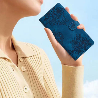 For iPhone 16 Cherry Blossom Butterfly Skin Feel Embossed PU Phone Case(Blue) - iPhone 16 Cases by PMC Jewellery | Online Shopping South Africa | PMC Jewellery | Buy Now Pay Later Mobicred