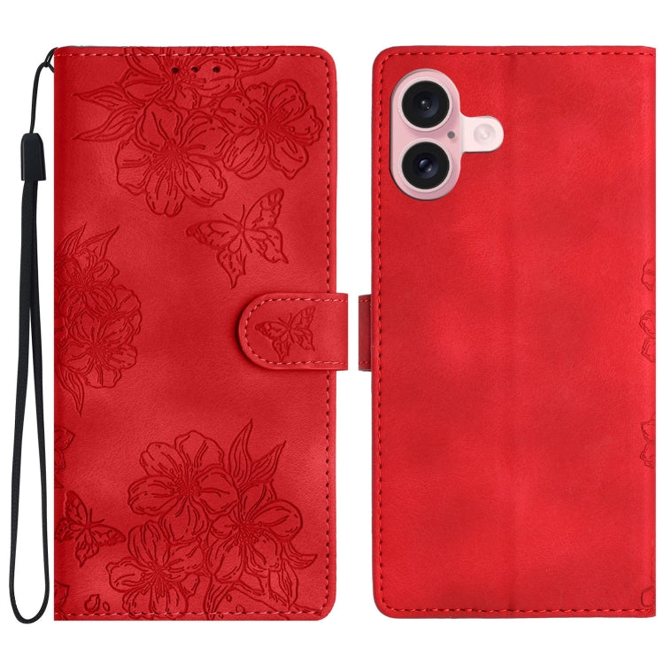 For iPhone 16 Plus Cherry Blossom Butterfly Skin Feel Embossed PU Phone Case(Red) - iPhone 16 Plus Cases by PMC Jewellery | Online Shopping South Africa | PMC Jewellery | Buy Now Pay Later Mobicred