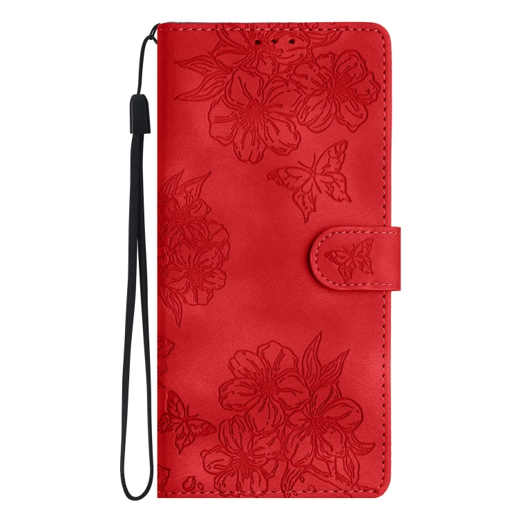 For iPhone 16 Plus Cherry Blossom Butterfly Skin Feel Embossed PU Phone Case(Red) - iPhone 16 Plus Cases by PMC Jewellery | Online Shopping South Africa | PMC Jewellery | Buy Now Pay Later Mobicred