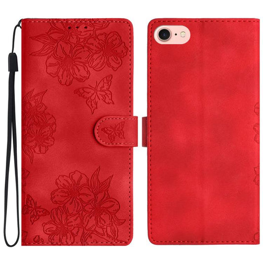 For iPhone 16e Cherry Blossom Butterfly Skin Feel Embossed PU Phone Case(Red) - iPhone 16e Cases by PMC Jewellery | Online Shopping South Africa | PMC Jewellery | Buy Now Pay Later Mobicred