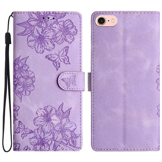 For iPhone 16e Cherry Blossom Butterfly Skin Feel Embossed PU Phone Case(Purple) - iPhone 16e Cases by PMC Jewellery | Online Shopping South Africa | PMC Jewellery | Buy Now Pay Later Mobicred