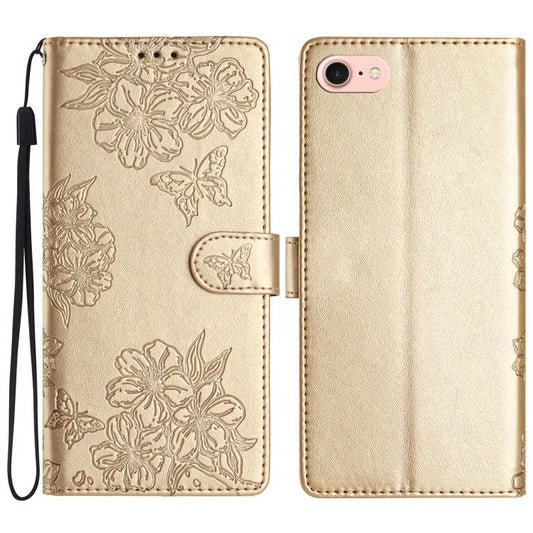 For iPhone 16e Cherry Blossom Butterfly Skin Feel Embossed PU Phone Case(Gold) - iPhone 16e Cases by PMC Jewellery | Online Shopping South Africa | PMC Jewellery | Buy Now Pay Later Mobicred