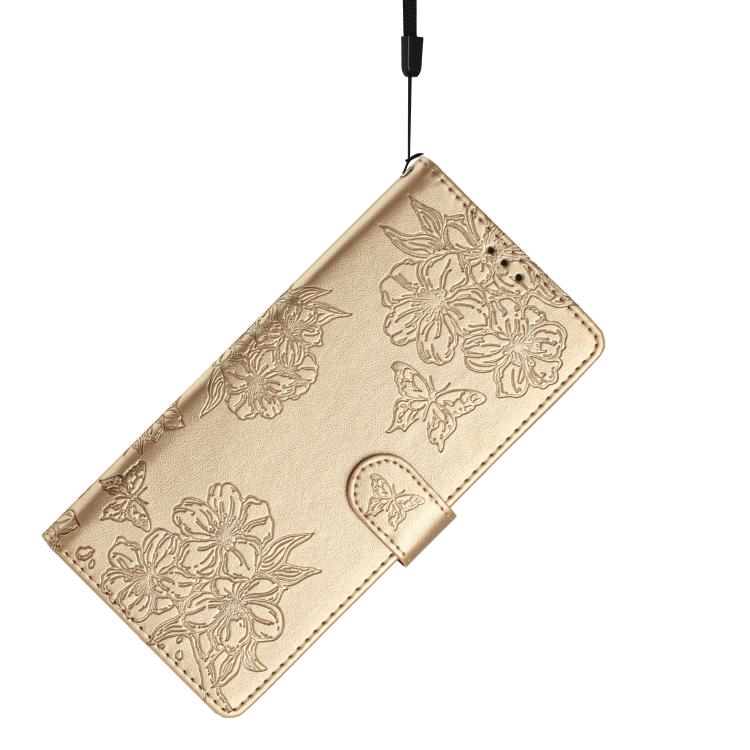 For iPhone 16e Cherry Blossom Butterfly Skin Feel Embossed PU Phone Case(Gold) - free shipping - PMC TechLife - Order now!