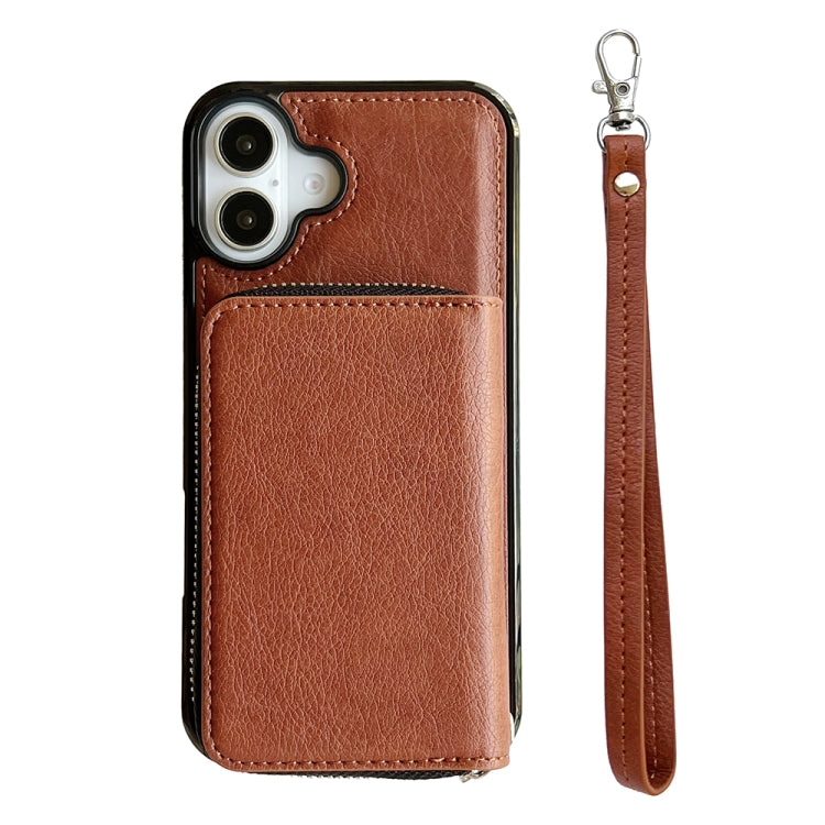 For iPhone 16 Plus Solid Color Zipper 11-Card Slots Bag Phone Case with Lanyard(Brown) - iPhone 16 Plus Cases by PMC Jewellery | Online Shopping South Africa | PMC Jewellery | Buy Now Pay Later Mobicred