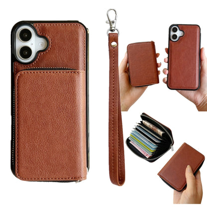 For iPhone 16 Solid Color Zipper 11-Card Slots Bag Phone Case with Lanyard(Brown) - iPhone 16 Cases by PMC Jewellery | Online Shopping South Africa | PMC Jewellery | Buy Now Pay Later Mobicred