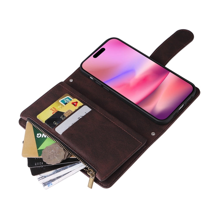 For iPhone 16 Skin Feel Multi-Card Wallet Zipper Leather Phone Case(Brown) - iPhone 16 Cases by PMC Jewellery | Online Shopping South Africa | PMC Jewellery | Buy Now Pay Later Mobicred