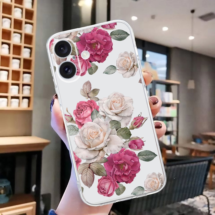 For iPhone 16 Colored Drawing Pattern Transparent TPU Phone Case(Peony) - iPhone 16 Cases by PMC Jewellery | Online Shopping South Africa | PMC Jewellery | Buy Now Pay Later Mobicred